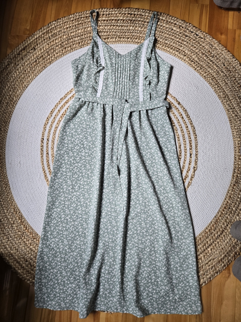 Monteau Sage Green Ditsy Floral Maxi Dress Tie Waist Cottagecore Coquette M - Picture 2 of 13